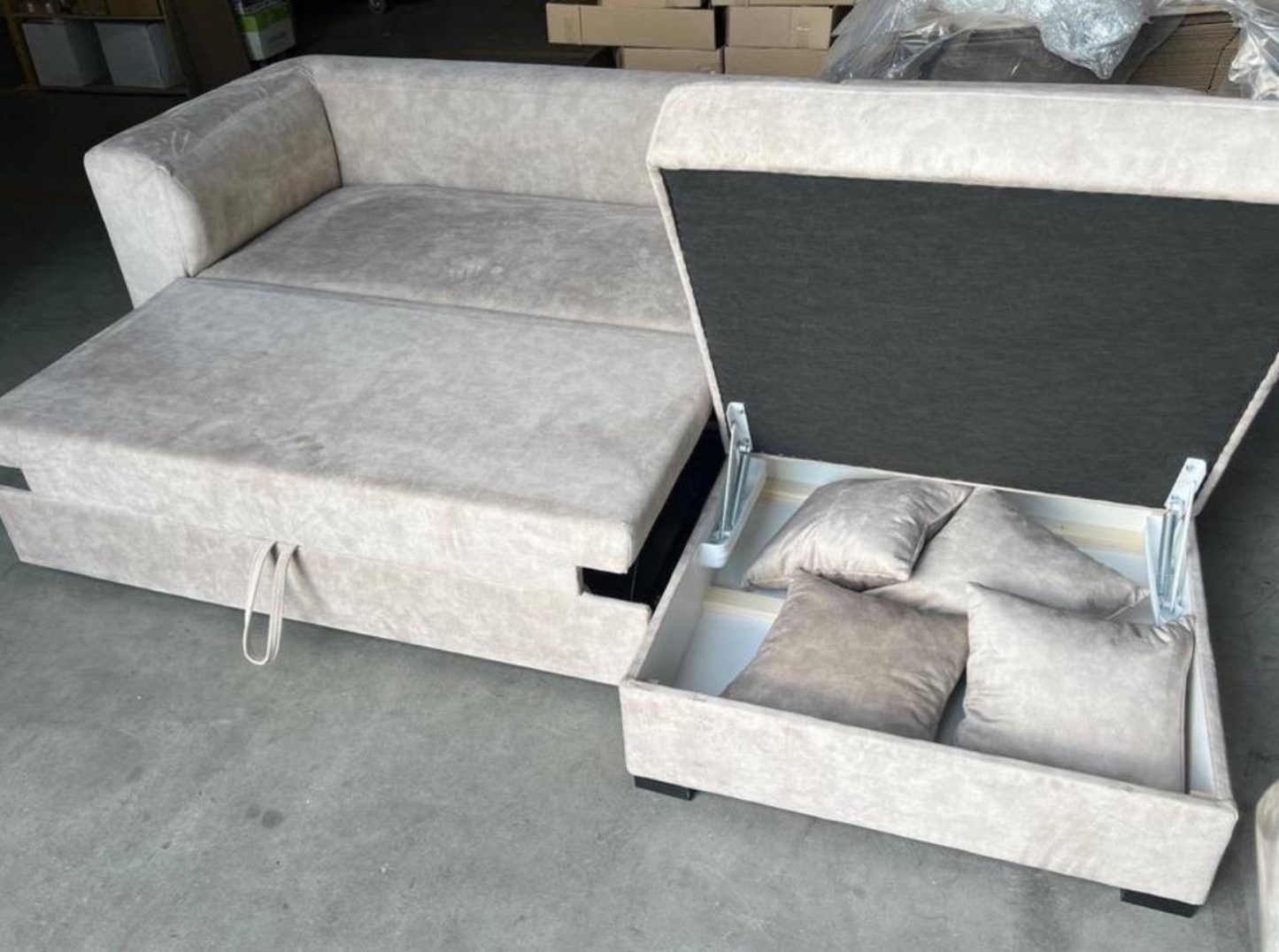 technical drawing showing dimensions of L-shaped corner sofa bed, detailed measurement diagram