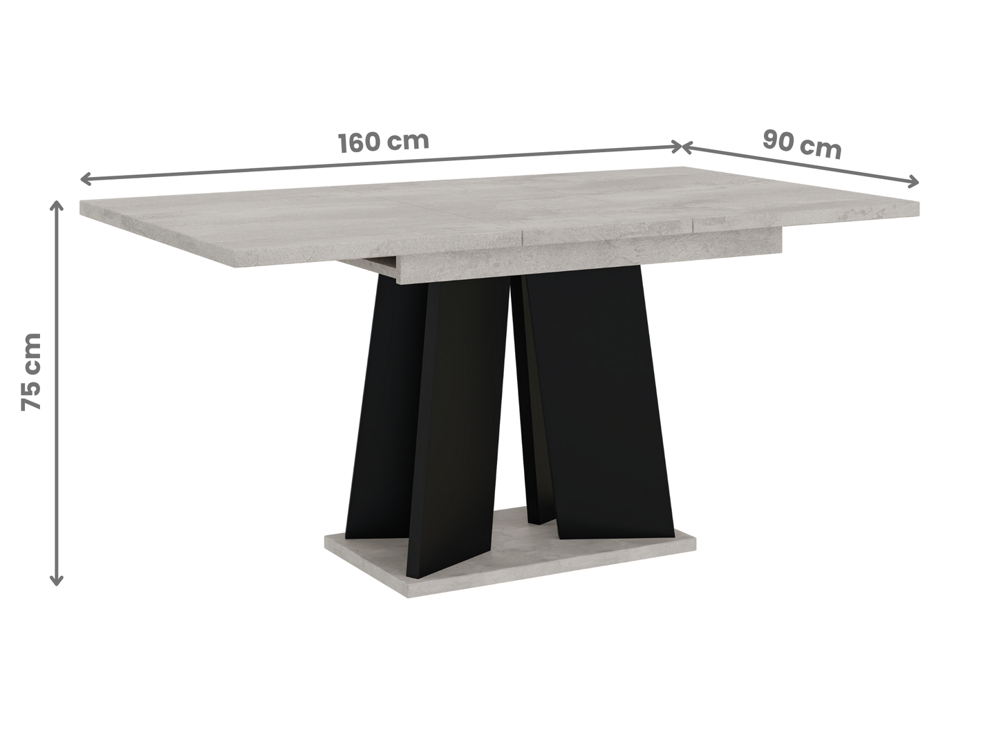 Concrete-effect extendable dining table with black V-base – sleek design for contemporary homes.