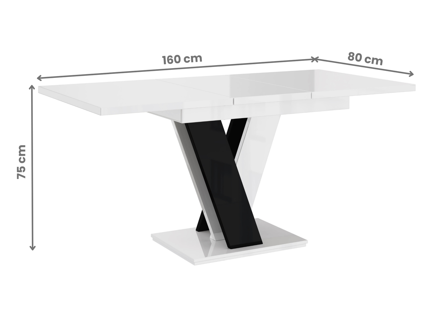 Contemporary MASIV dining table with white gloss top and black gloss extension base.
