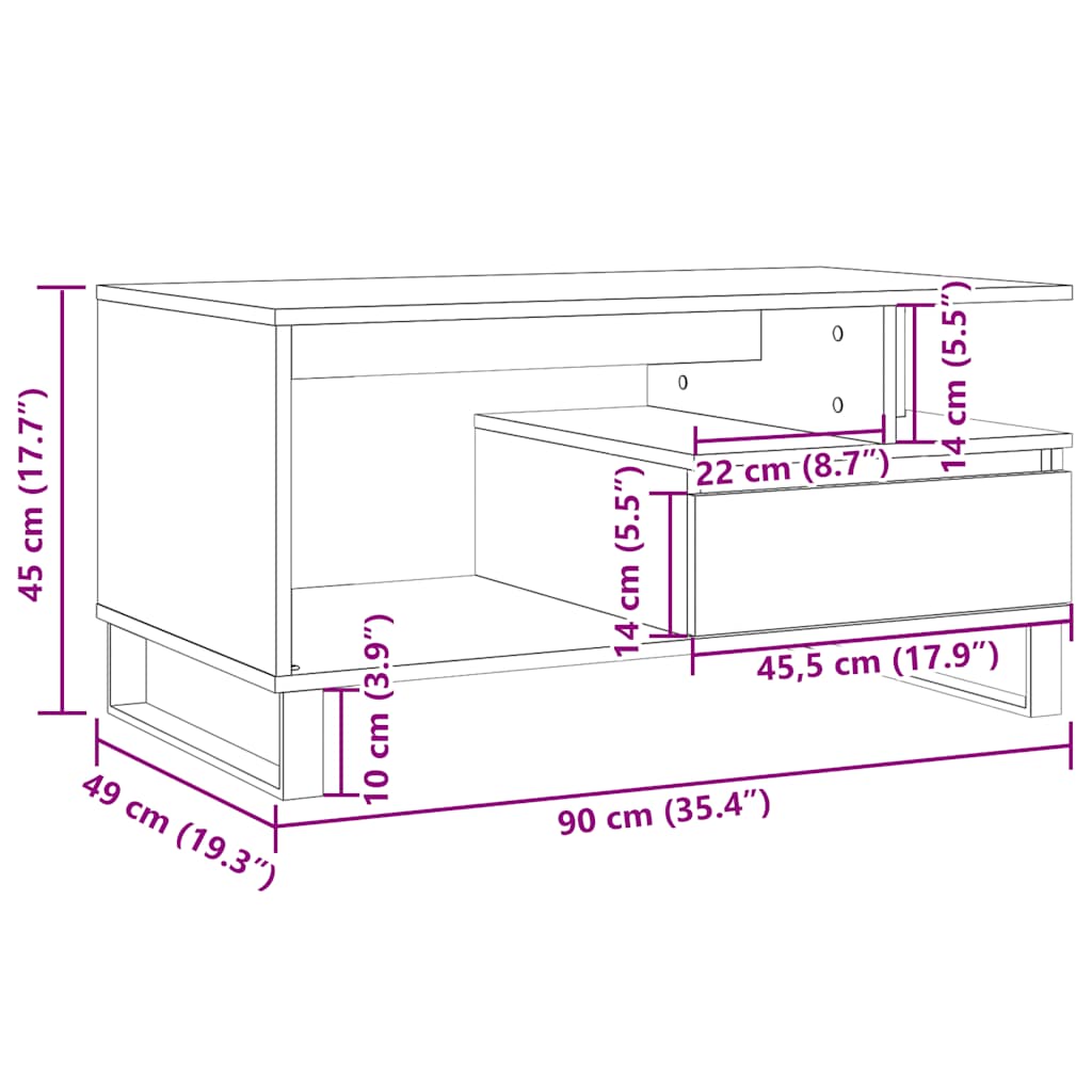 Technical diagram showing detailed dimensions of the LOFTI oak coffee table with metal frame – 90 cm wide, 49 cm deep, and 45 cm high.