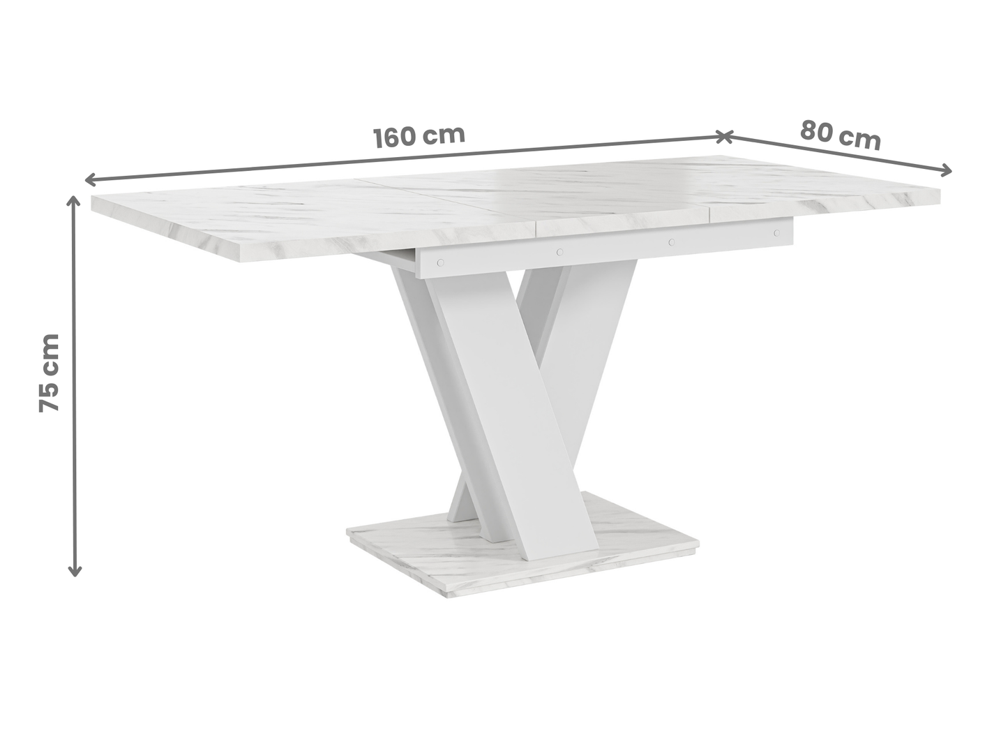 Stylish glamour dining table with bianco white marble top and extendable base.