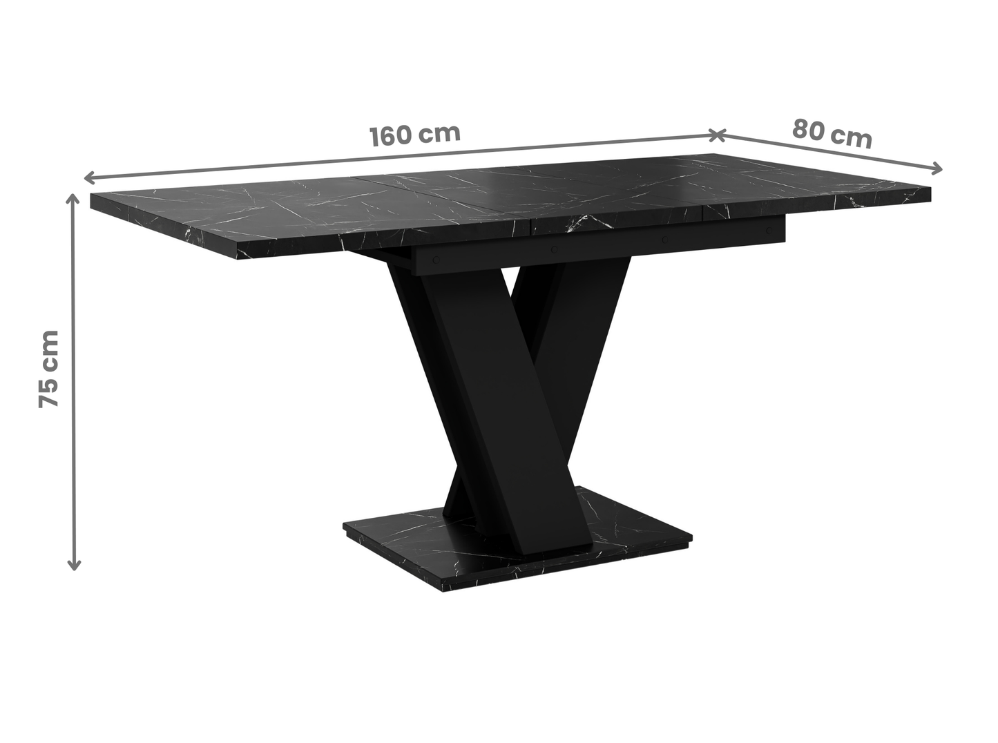 Stylish glamour dining table with black royal marble top and extendable base.