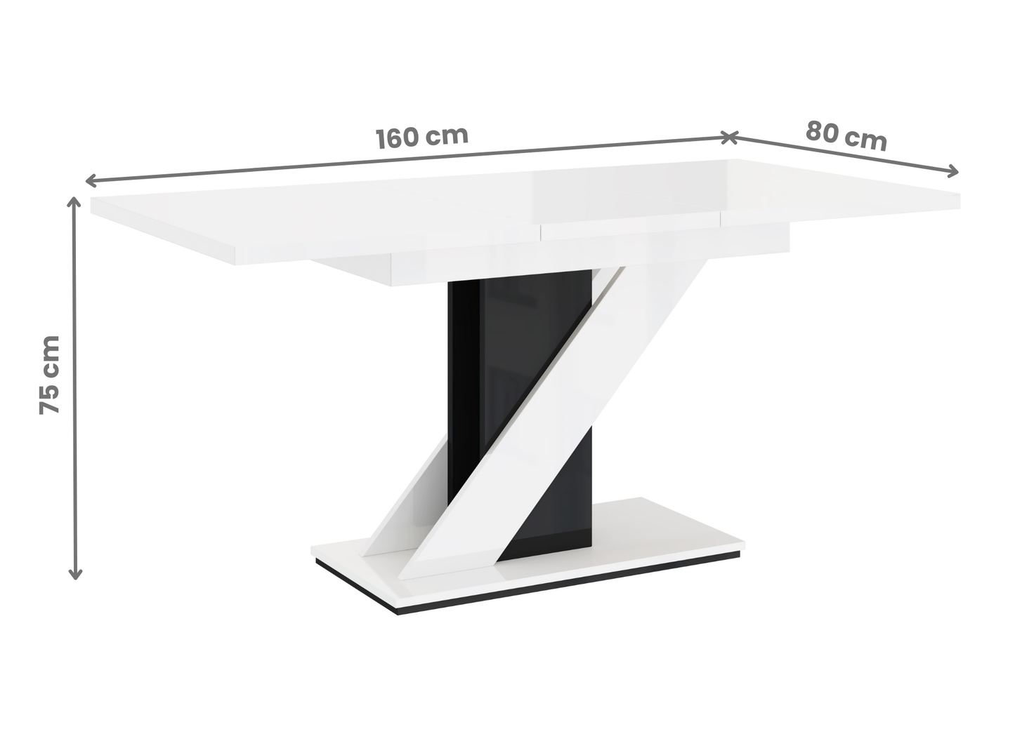 Extendable MAVEA dining table in glossy white and black, ideal for modern interiors.