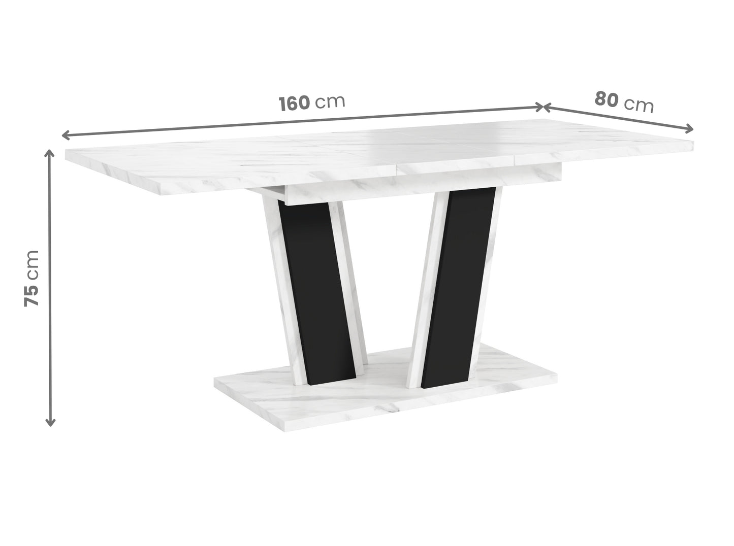 Modern Muss extending table with clearly marked dimensions, rectangular white high gloss tabletop measuring 120–160 cm in length, 80 cm in width and 75 cm in height, stable black base.