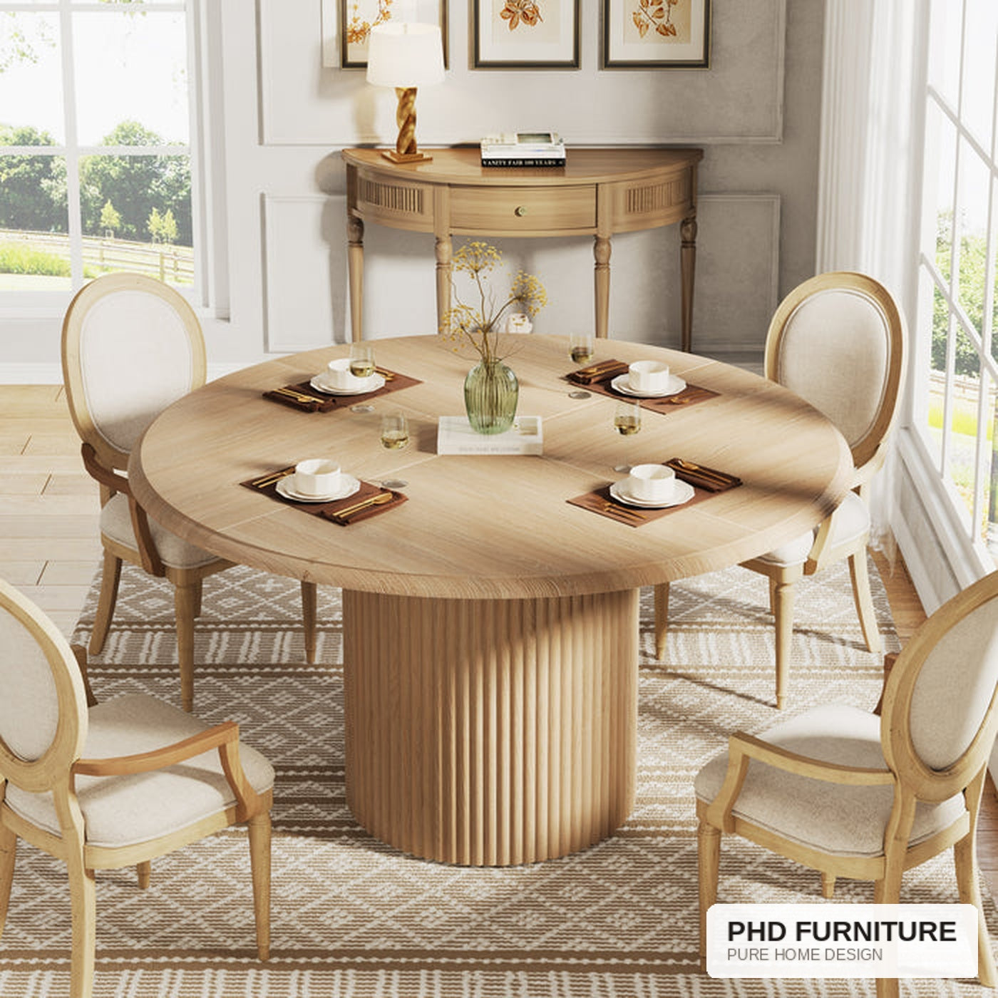 REED Round Dining Table - lifestyle with chandelier