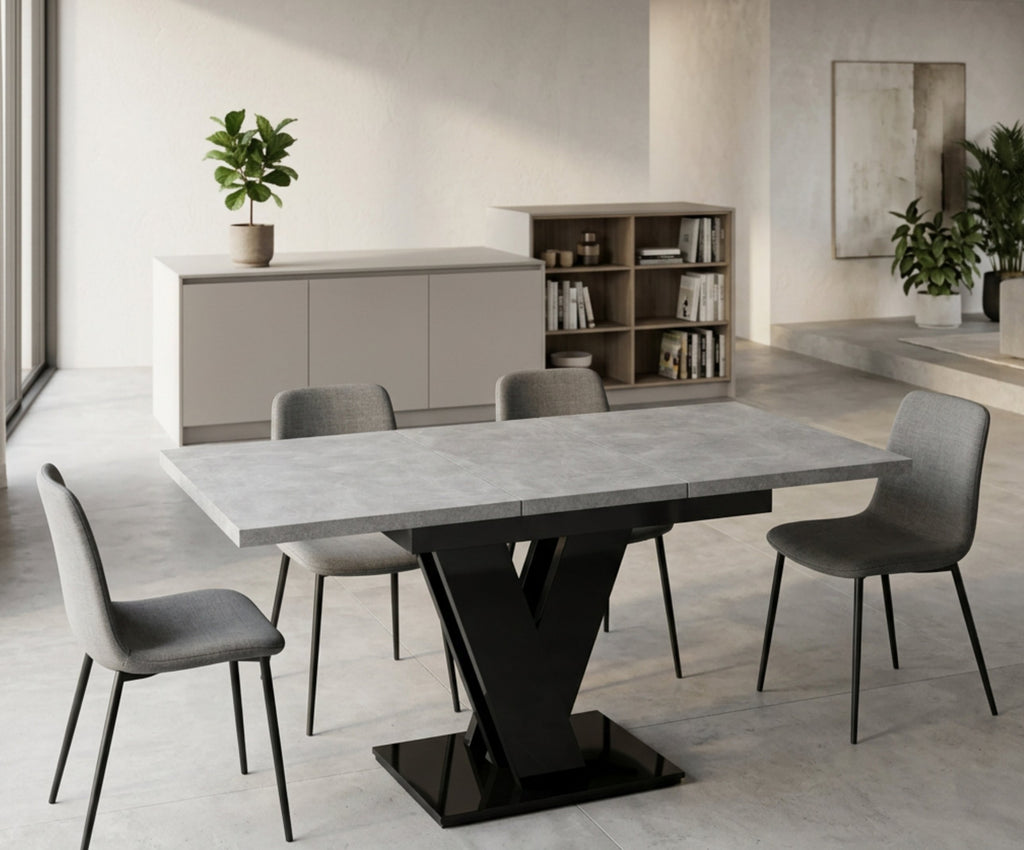 Grey extending dining table with matt concrete-effect top and black high-gloss pedestal base