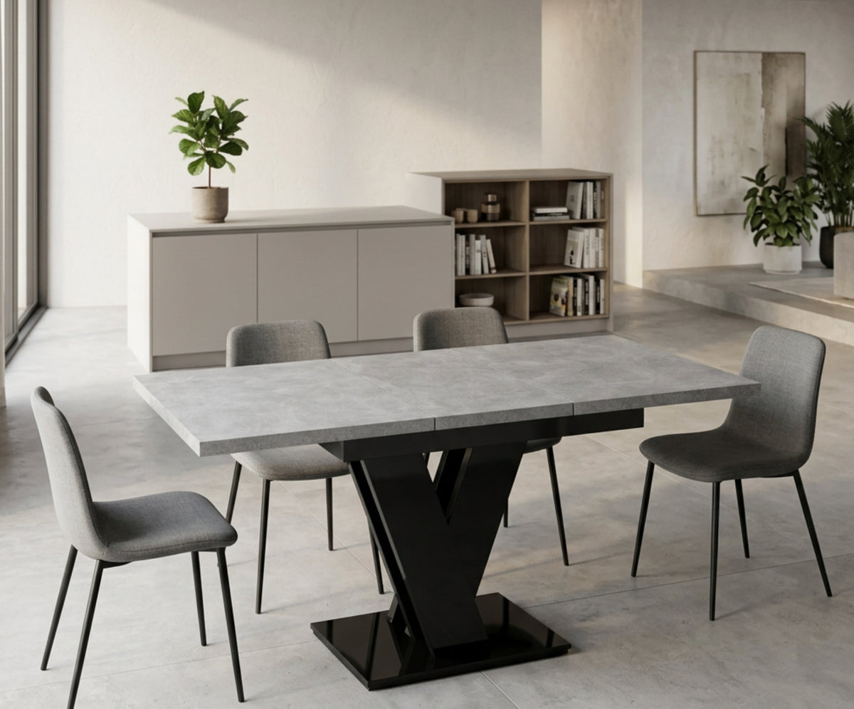 Grey extending dining table with matt concrete-effect top and black high-gloss pedestal base