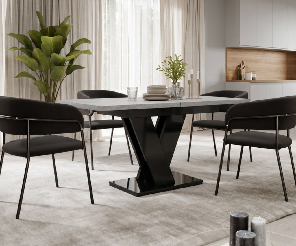MASIV concrete effect and black gloss dining table for 4-6 people in a bright dining room