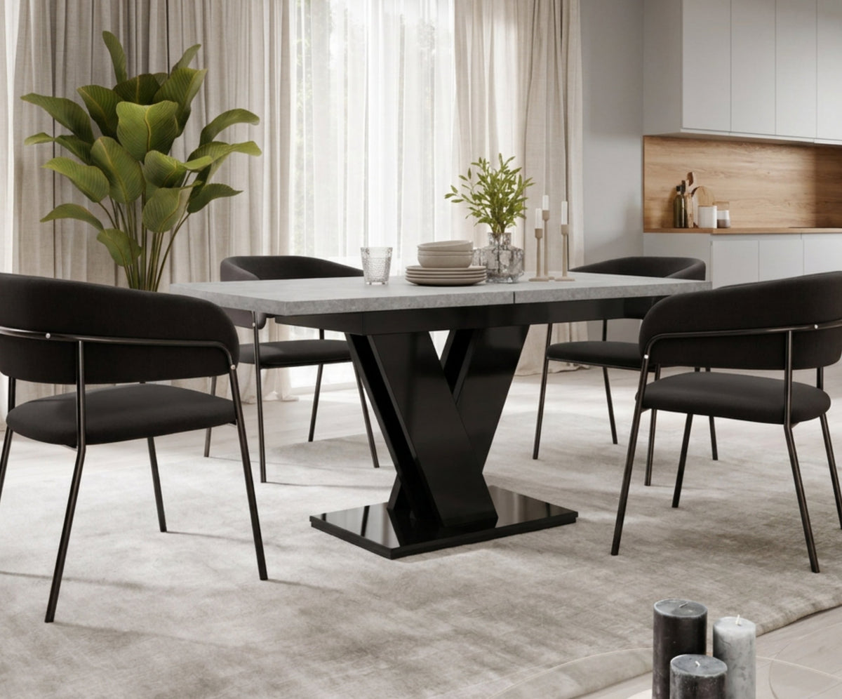 MASIV concrete effect and black gloss dining table for 4-6 people in a bright dining room