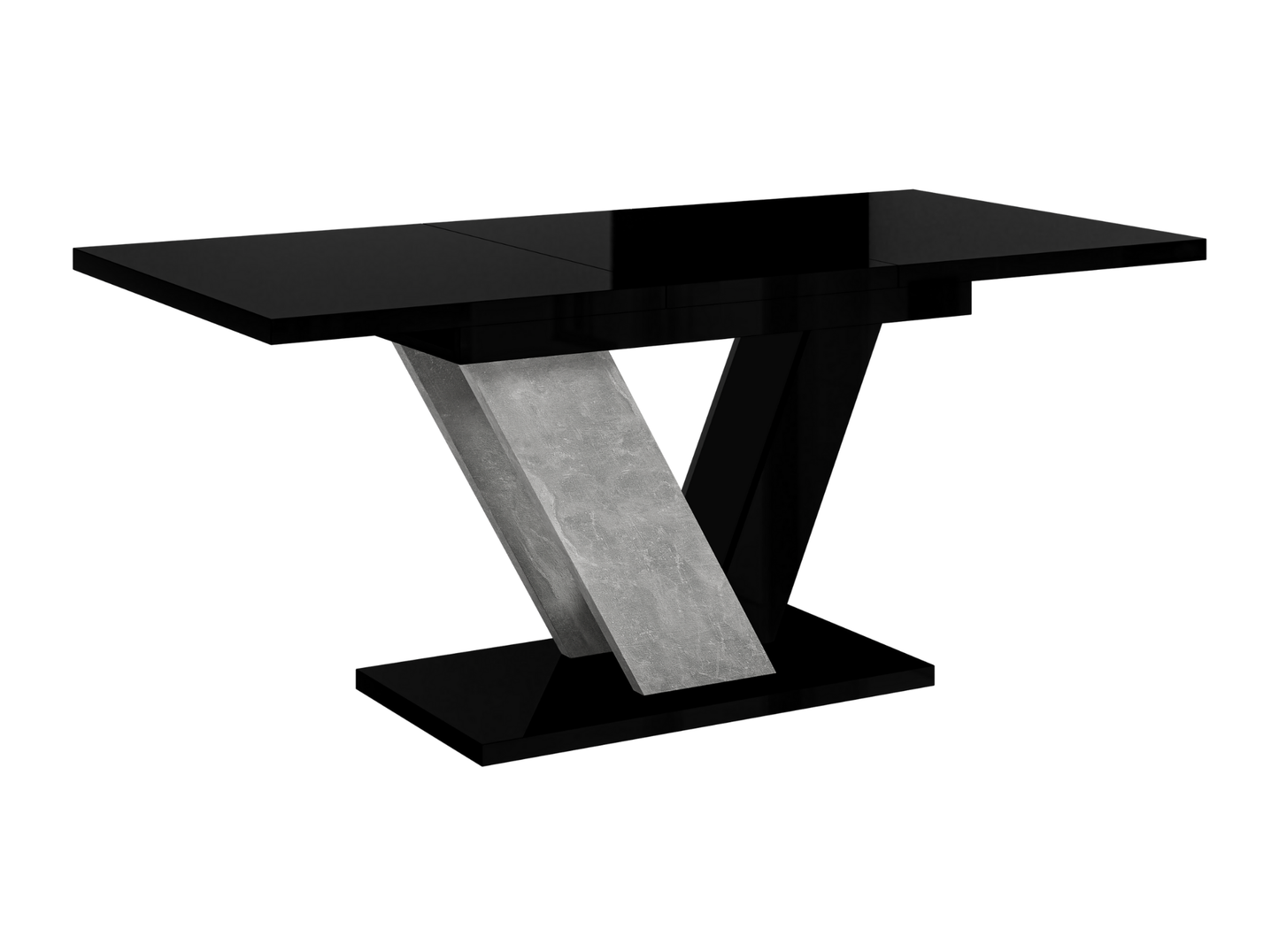 Black glass extendable table with a concrete base on a white background