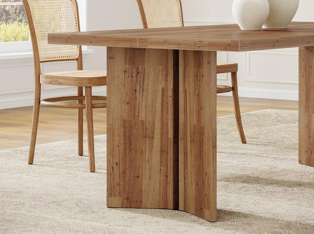BEAM rectangular dining table with thick solid wood legs and natural wood grain, modern kitchen dining area setup