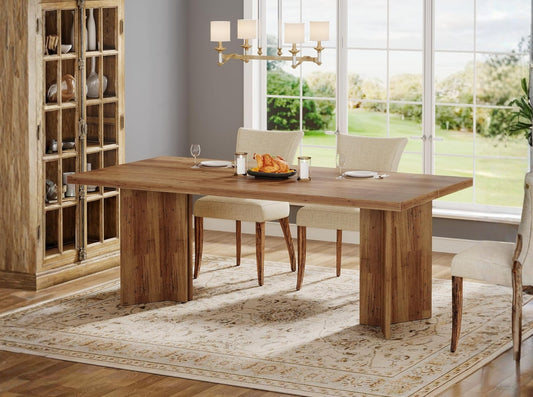 BEAM rectangular dining table with solid wood construction in bright dining room, modern kitchen table with chairs and large windows