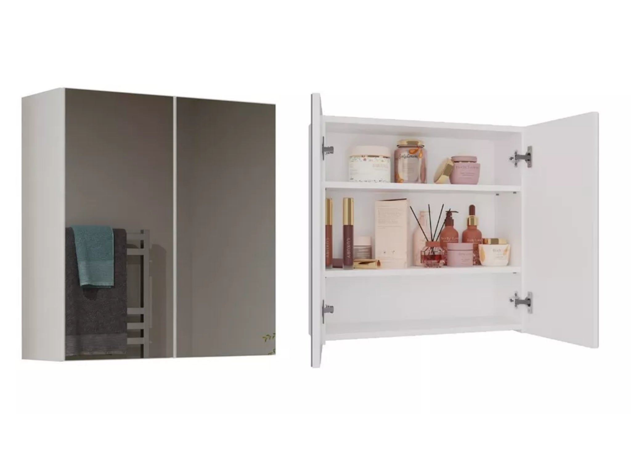 Wall mounted bathroom cabinet with mirror doors open, deep internal shelves for toiletries and bathroom essentials