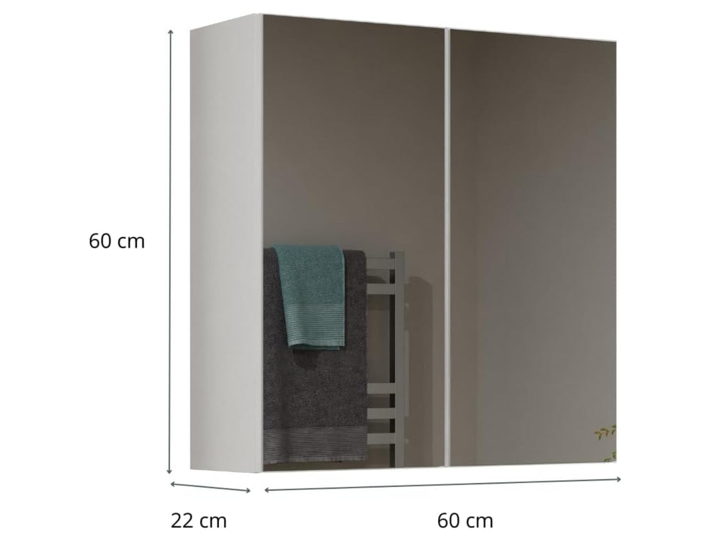 White bathroom mirror cabinet 60x60x22cm with labelled dimensions, wall mounted storage cupboard over basin