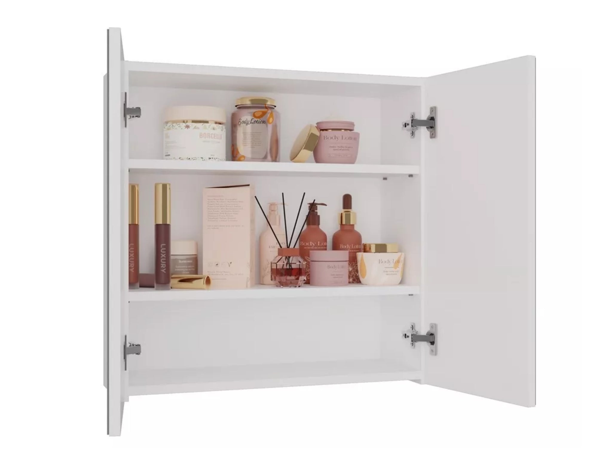 White bathroom mirror cabinet with shelves, organised toiletries and cosmetics inside wall mounted storage unit