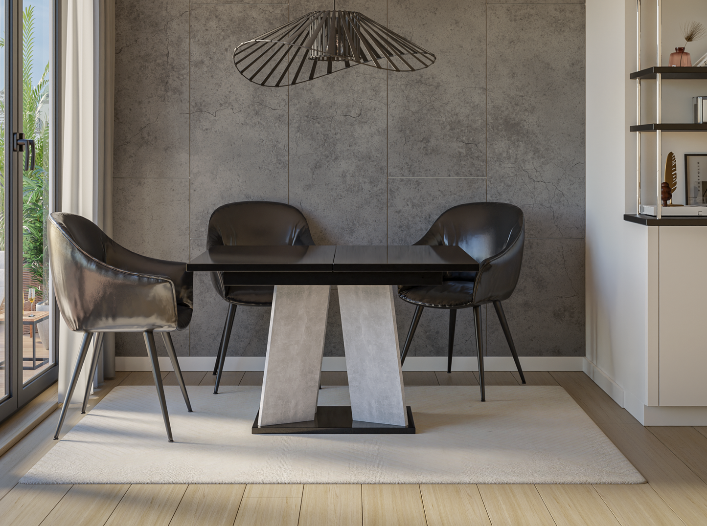 Black gloss extendable dining table with geometric V-base – modern centrepiece for family dining.