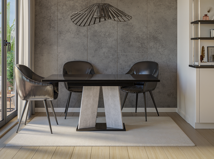 Extendable dining table 120 cm in black gloss with polished surface and designer base.