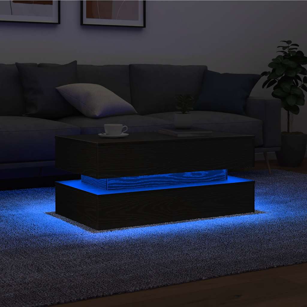 Elegant black coffee table with blue LED lighting glowing in a cosy living room, perfect as a modern centre table.