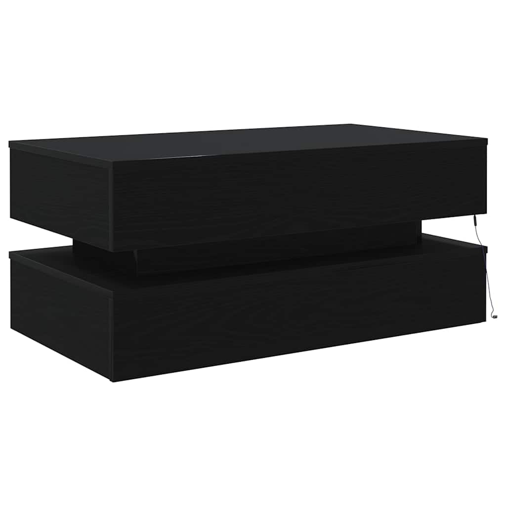 Sleek black coffee table with two-tier construction and concealed LED strip, offering a modern and elegant look.