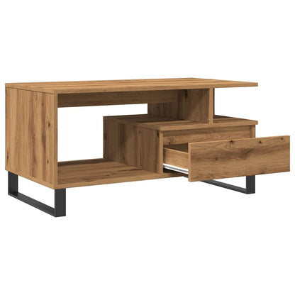 Oak coffee table featuring a smooth pull-out drawer and lower shelf for books and remotes.