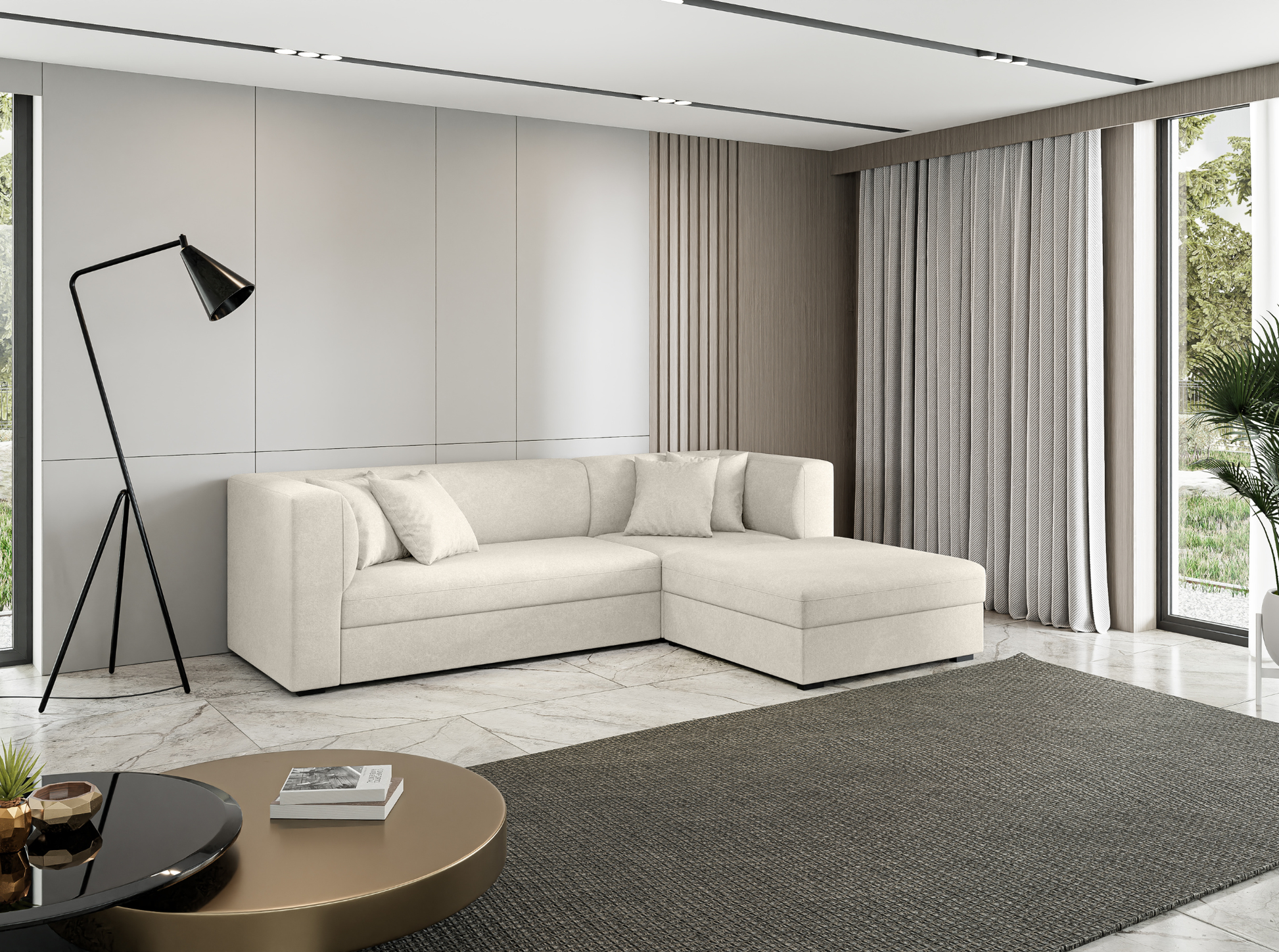 elegant corner sofa with plush cushions, beige velvet upholstery, ideal for modern interiors