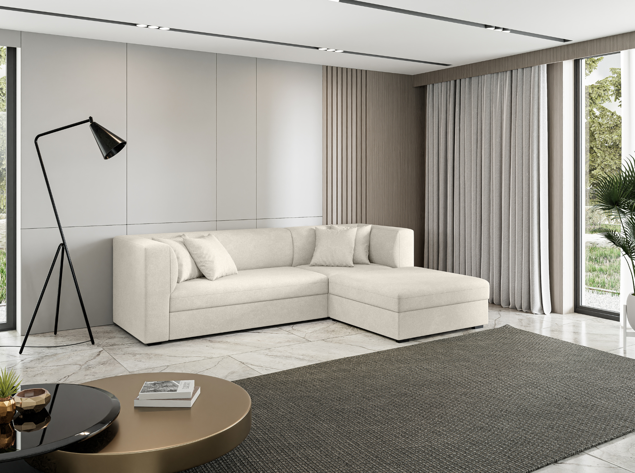 elegant corner sofa with plush cushions, beige velvet upholstery, ideal for modern interiors