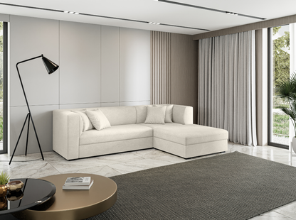 elegant corner sofa with plush cushions, beige velvet upholstery, ideal for modern interiors