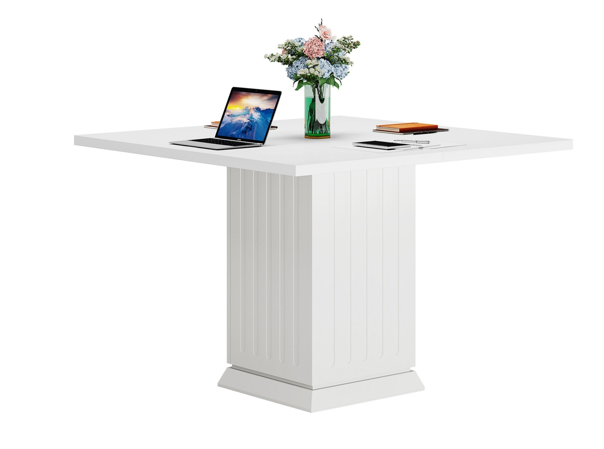 Small square dining table with pedestal base styled with laptop and decor, modern kitchen table for home office and dining