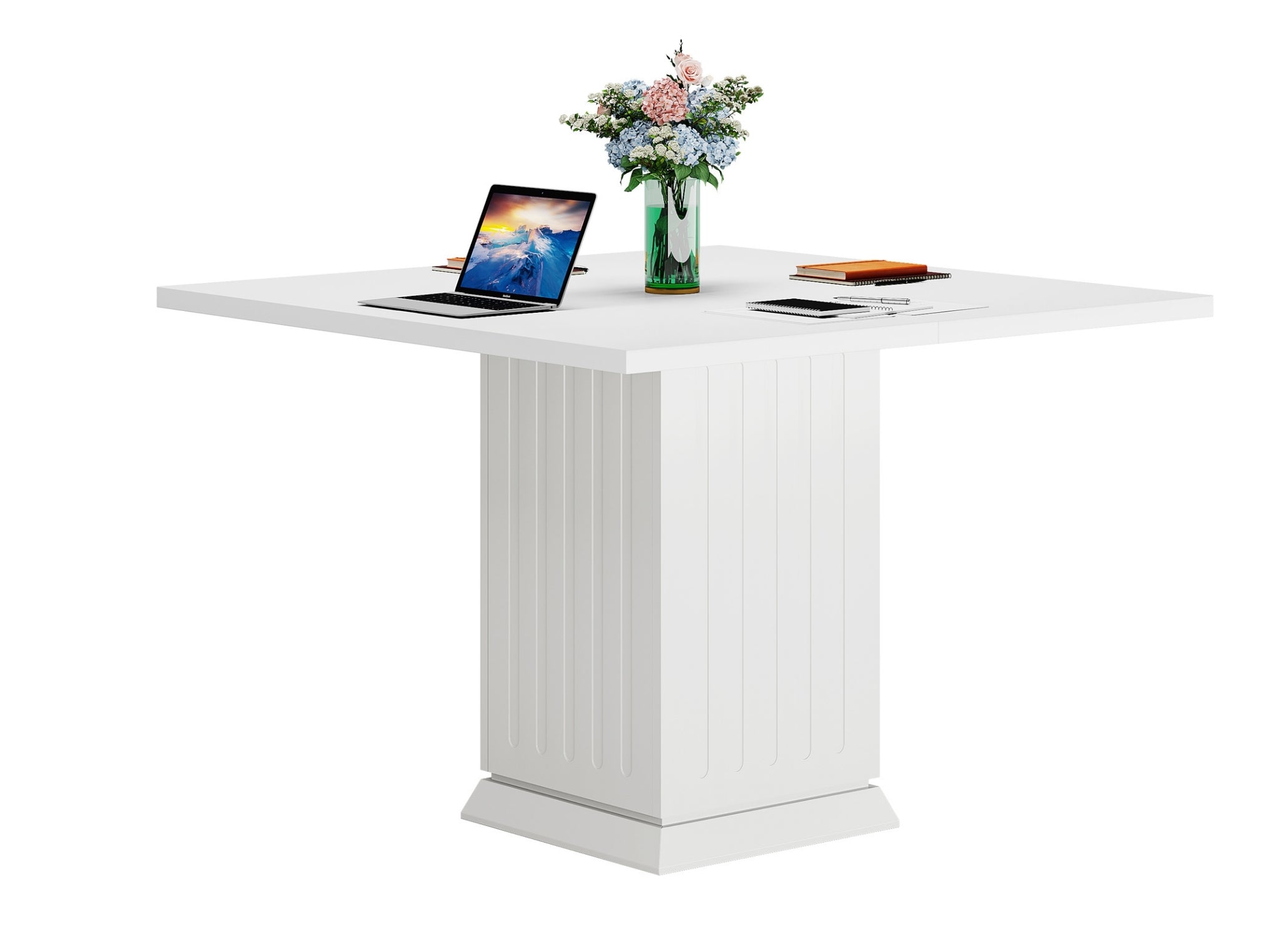 Small square dining table with pedestal base styled with laptop and decor, modern kitchen table for home office and dining
