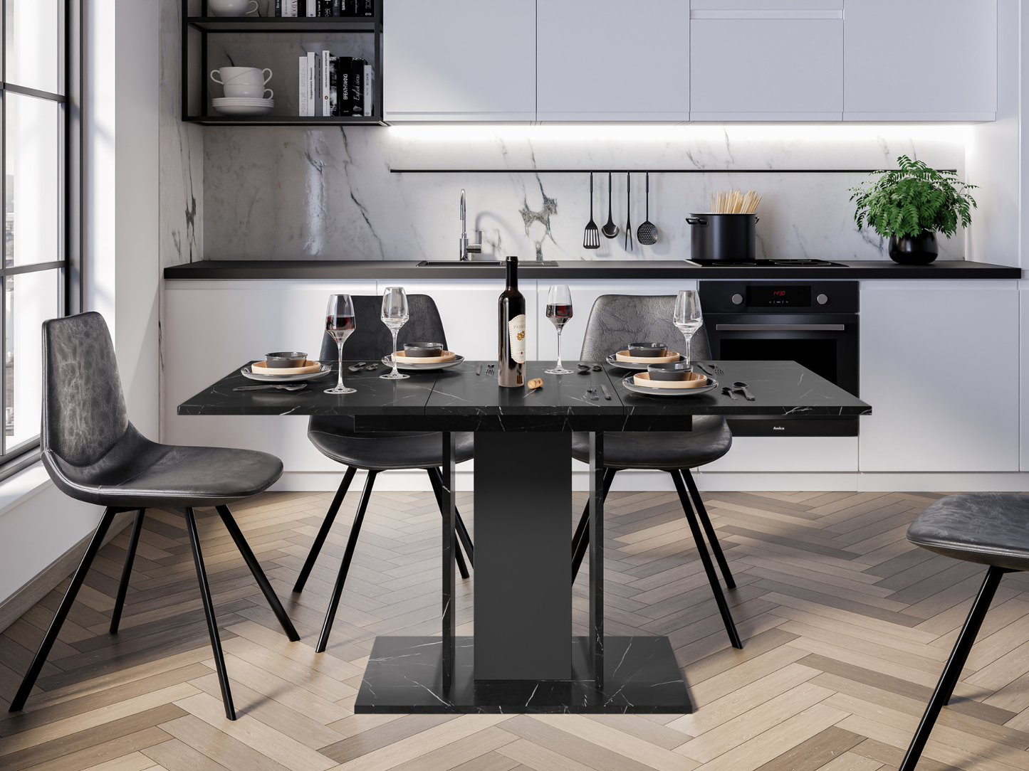 Modern extending dining table with black marble effect surface and narrow pedestal columns in a contemporary interior