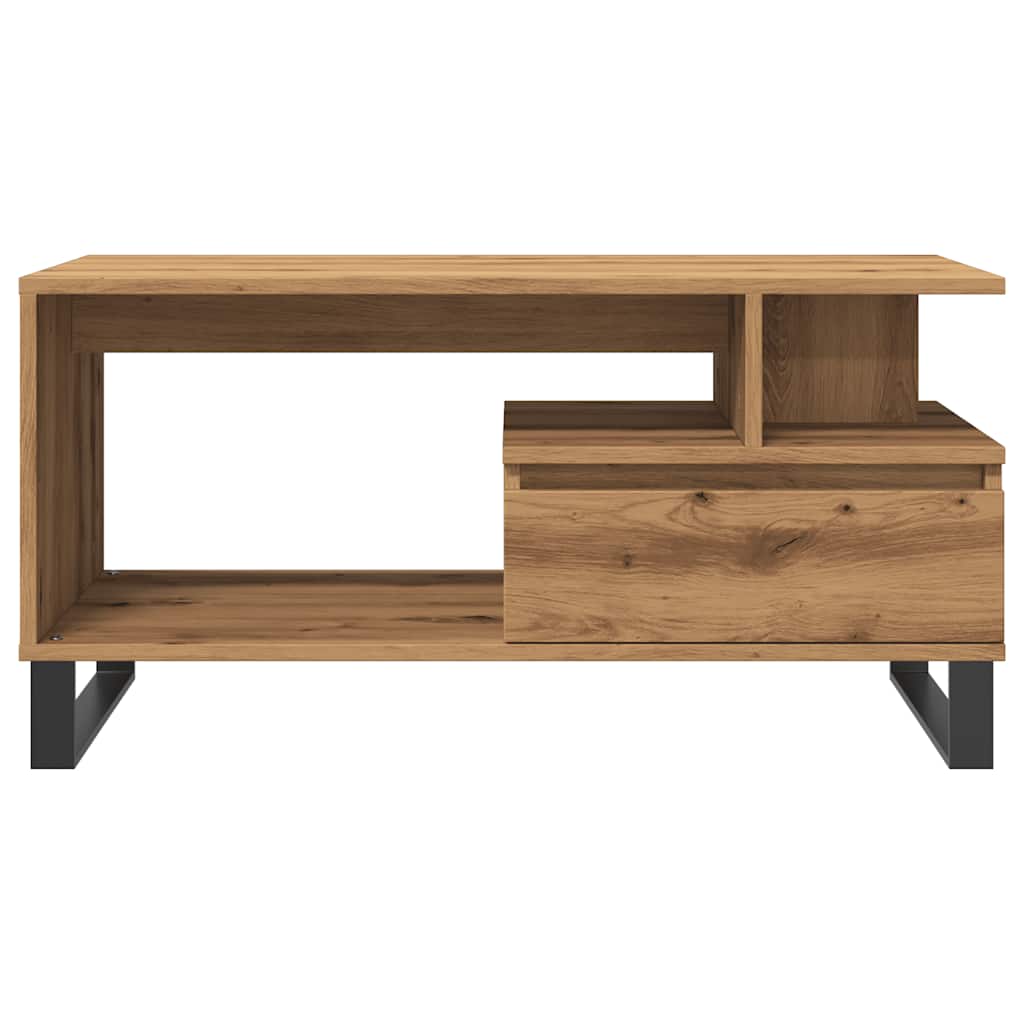 Compact artisan oak side table with sturdy black steel frame, ideal as a small sofa table.