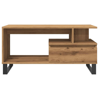 Compact artisan oak side table with sturdy black steel frame, ideal as a small sofa table.