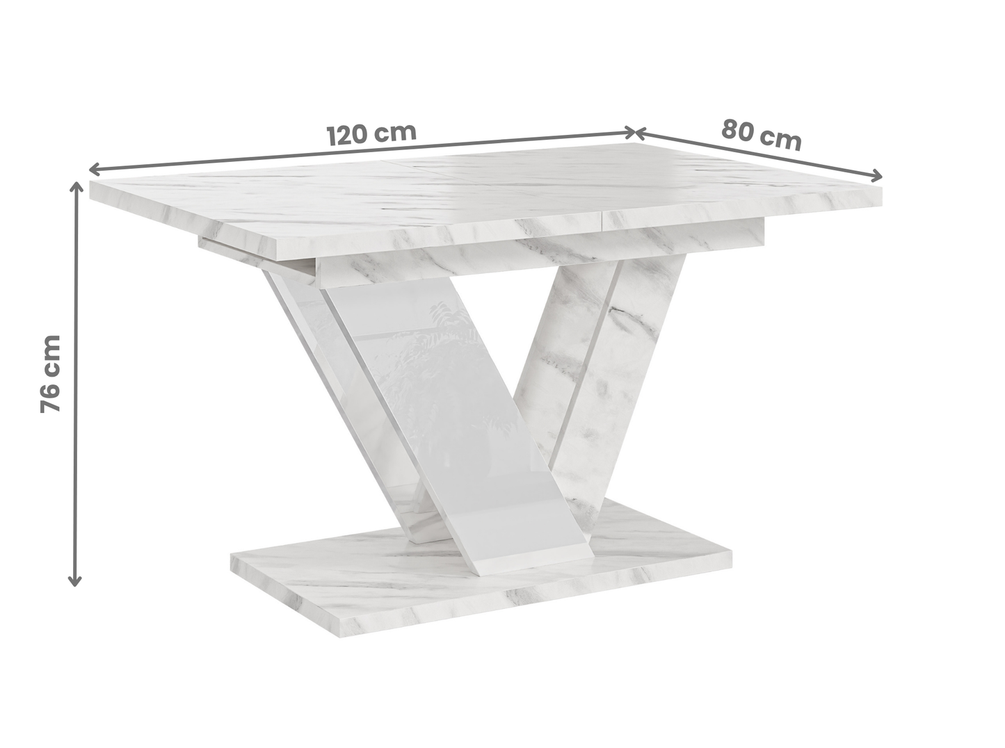 Space-saving 6 seater extendable dining table in white bianco marble style.