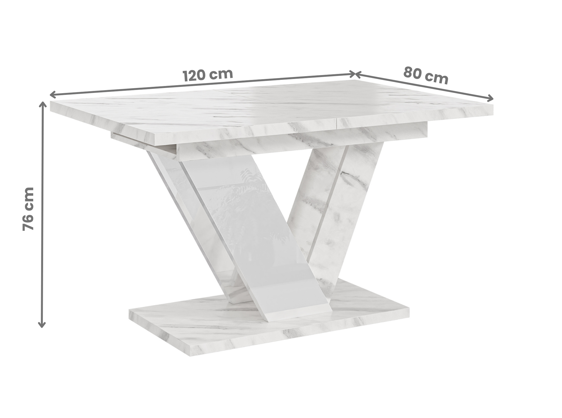 Space-saving 6 seater extendable dining table in white bianco marble style.