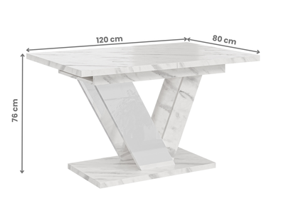 Space-saving 6 seater extendable dining table in white bianco marble style.