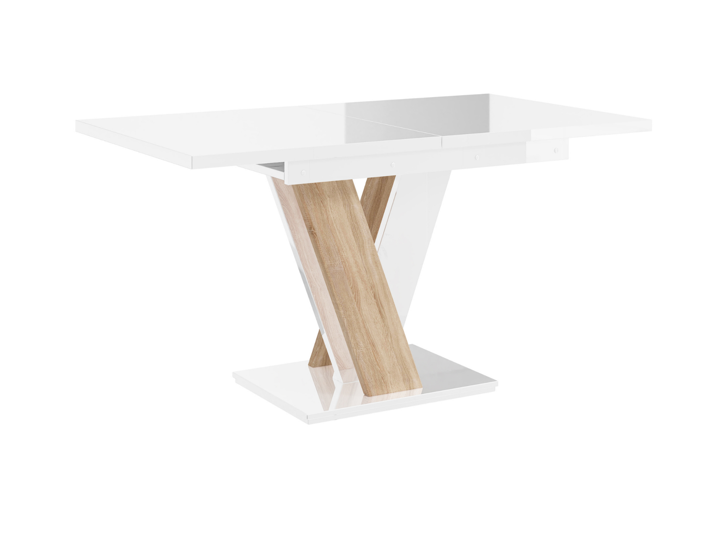 MASIV extendable dining table in white gloss and Sonoma oak, perfect for small spaces.
