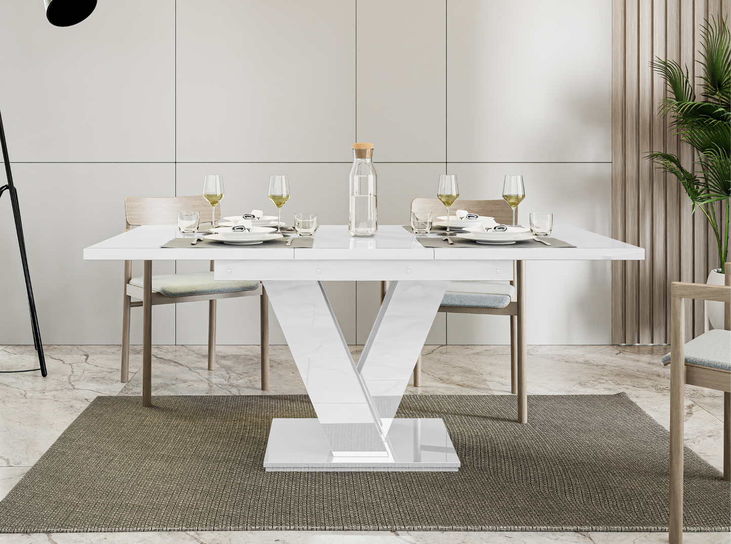 MASIV extendable dining table in white gloss, perfect for small spaces.