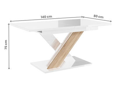 Contemporary extendable dining table in white gloss with oak seating up to 8.