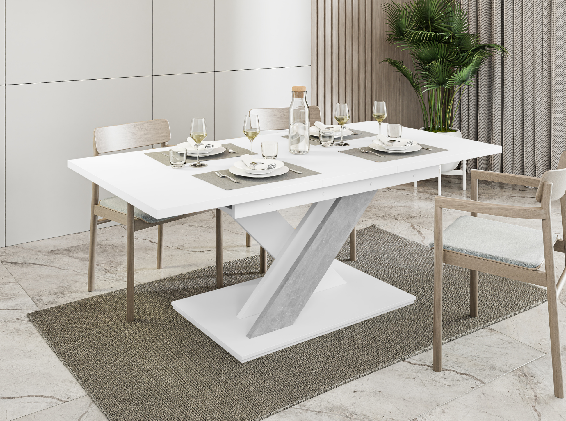 Contemporary extendable dining table in white and concrete finish seating up to 8.