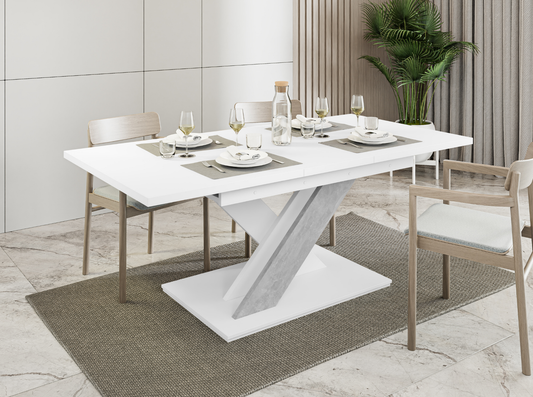 Contemporary extendable dining table in white and concrete finish seating up to 8.