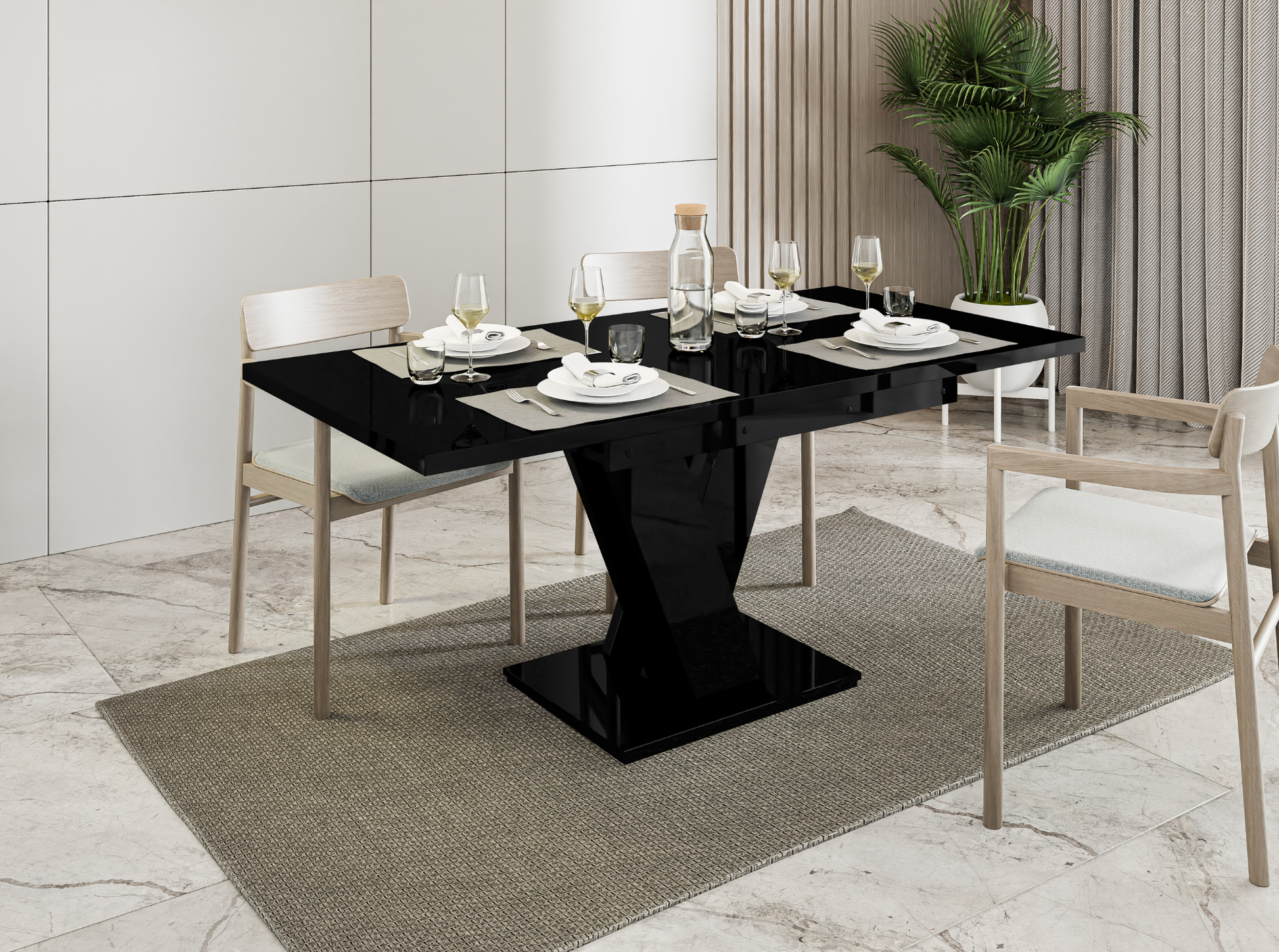Compact black gloss dinner table MASIV with striking V-shaped stand.