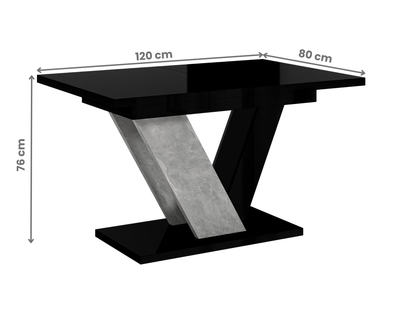 Black glass table with dimensions on a white background