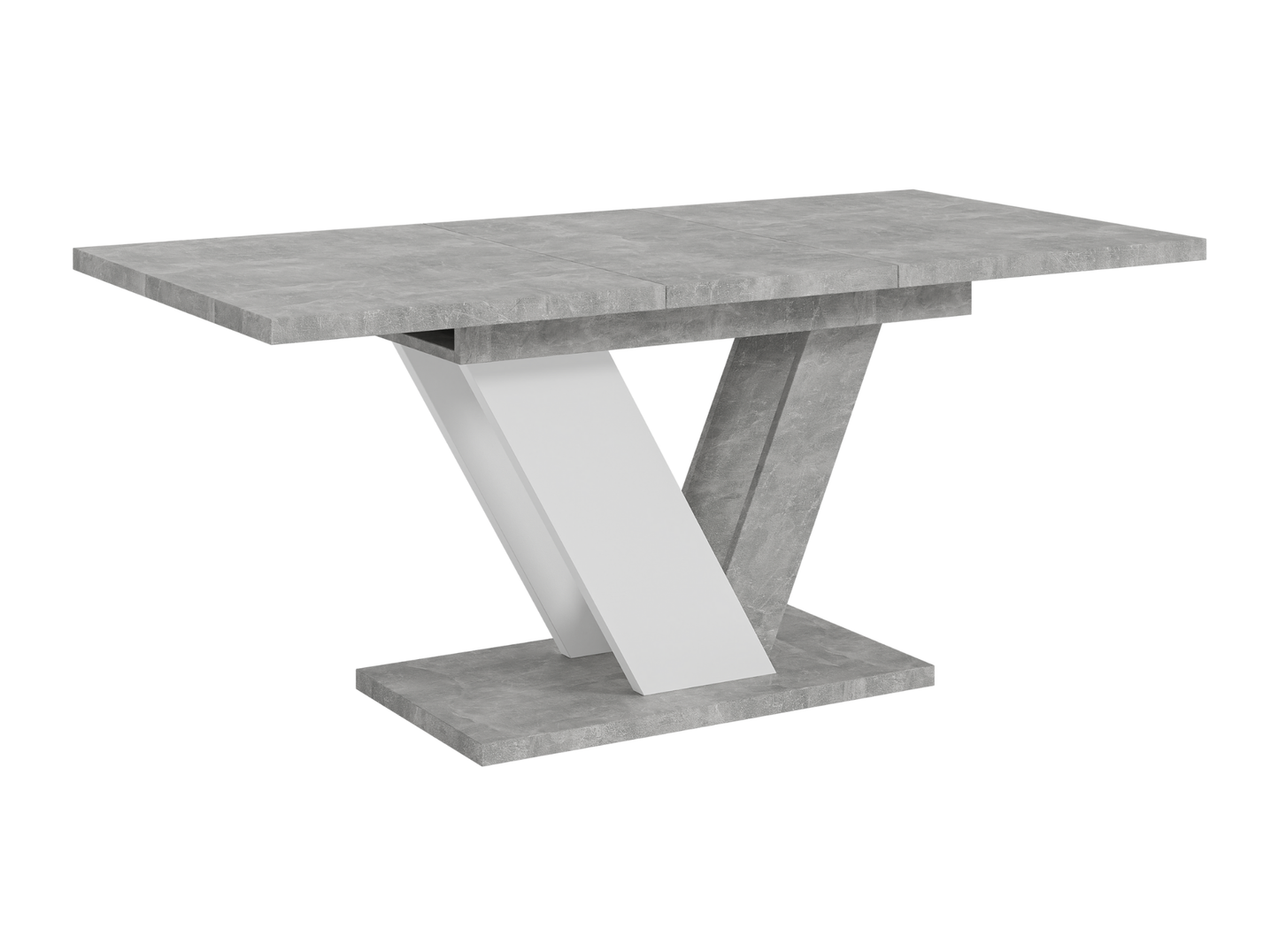 Dining table with gray concrete top and white base on a white background