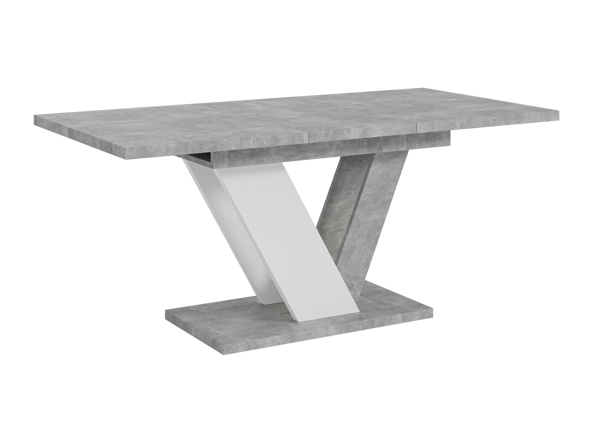 Dining table with gray concrete top and white base on a white background