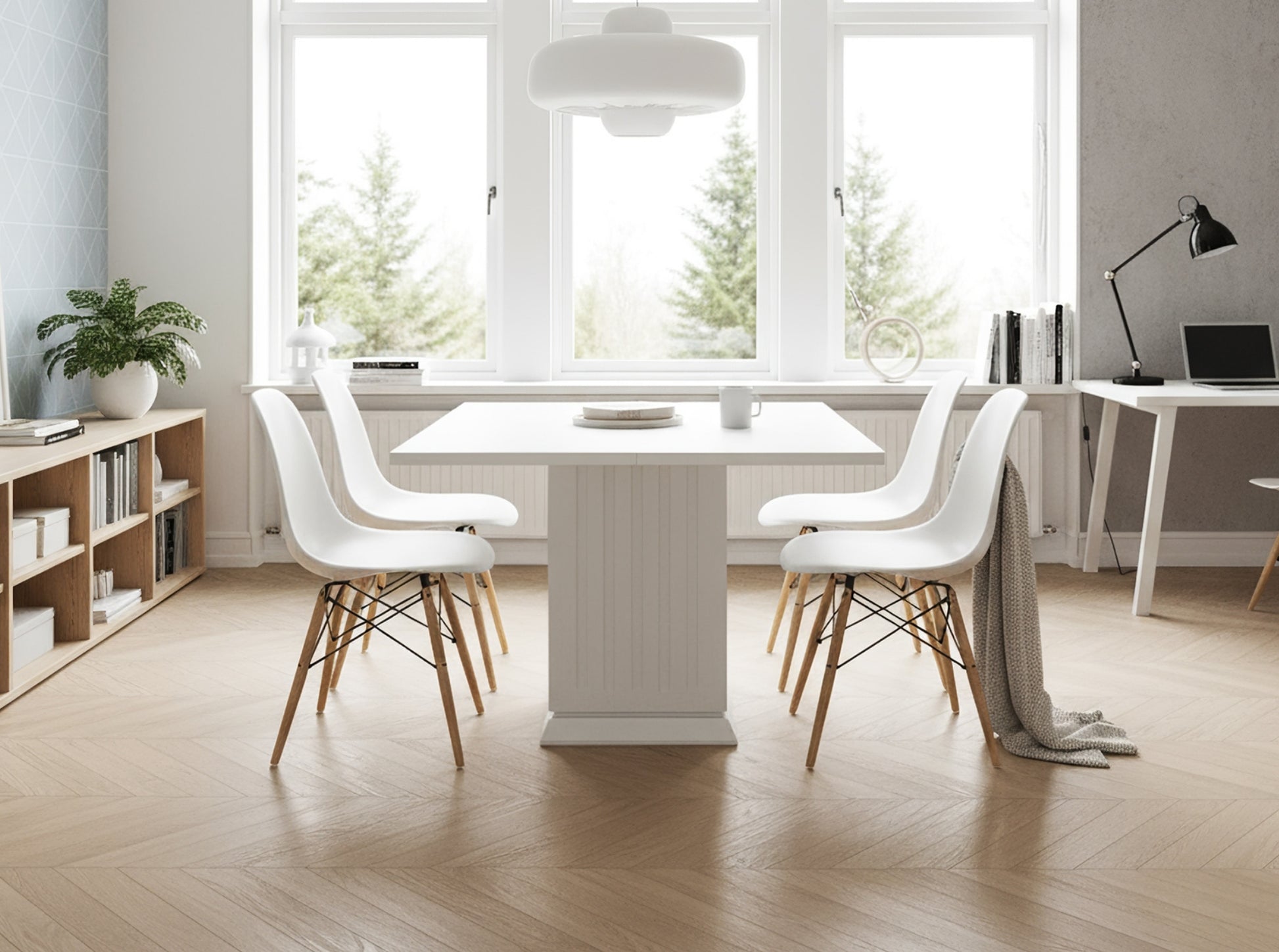 Square dining table in bright kitchen interior with solid base, small kitchen table set with chairs, modern home dining space