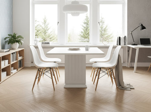 Square dining table in bright kitchen interior with solid base, small kitchen table set with chairs, modern home dining space