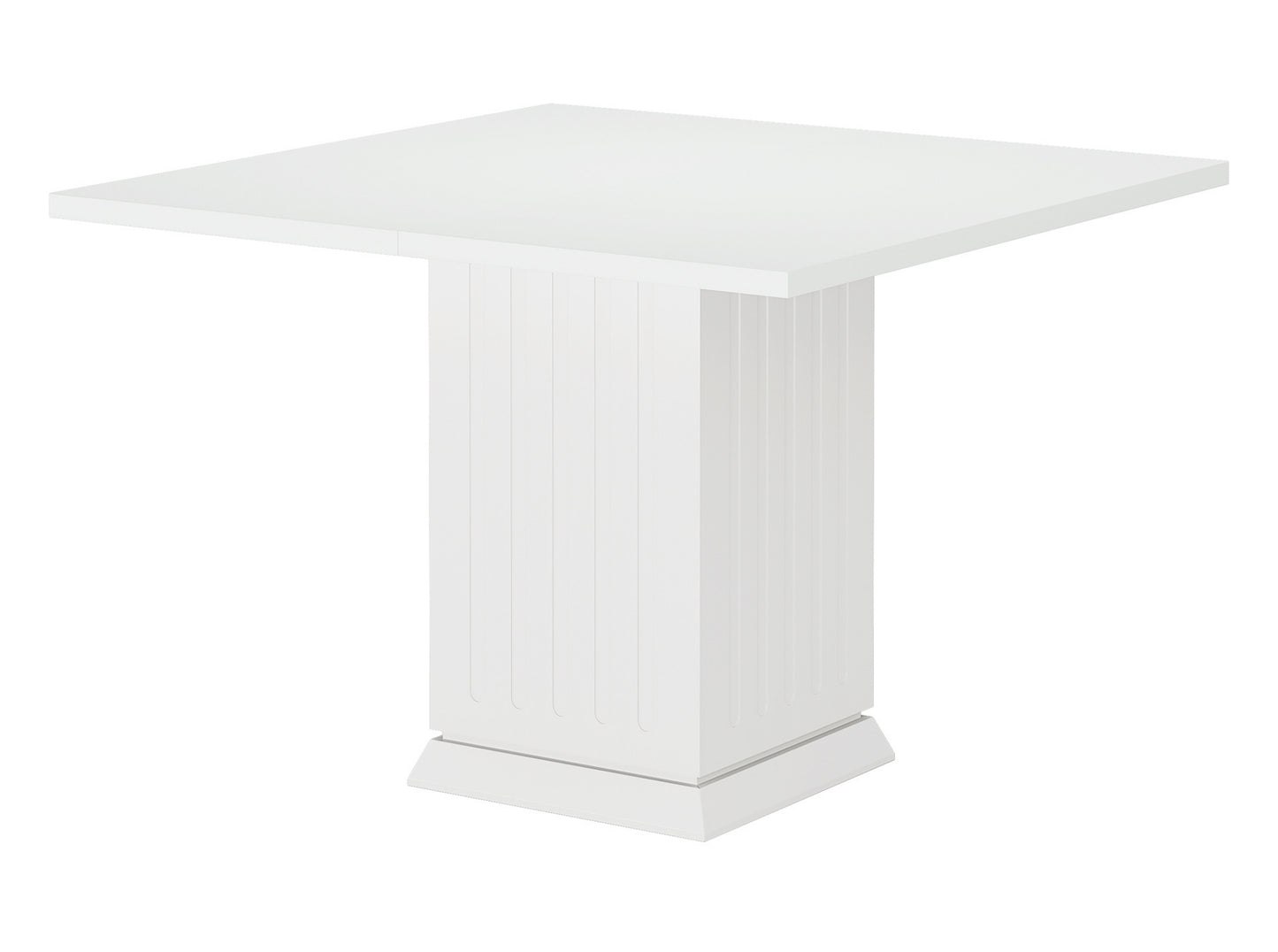 Modern square kitchen table with pedestal base in clean studio setting, compact dining furniture design
