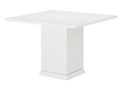 Modern square kitchen table with pedestal base in clean studio setting, compact dining furniture design