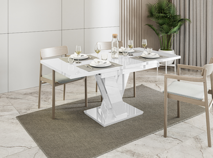 Compact white gloss dinner table MASIV with striking V-shaped stand.