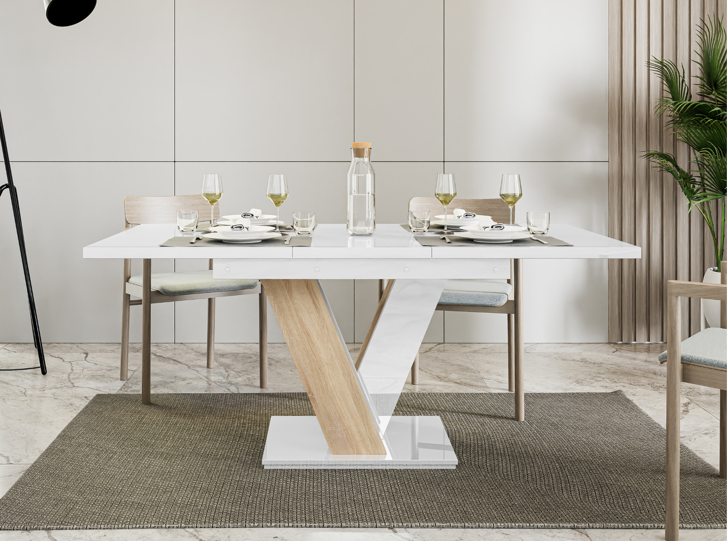 Compact white gloss dinner table MASIV with warm Sonoma oak X-shaped stand.